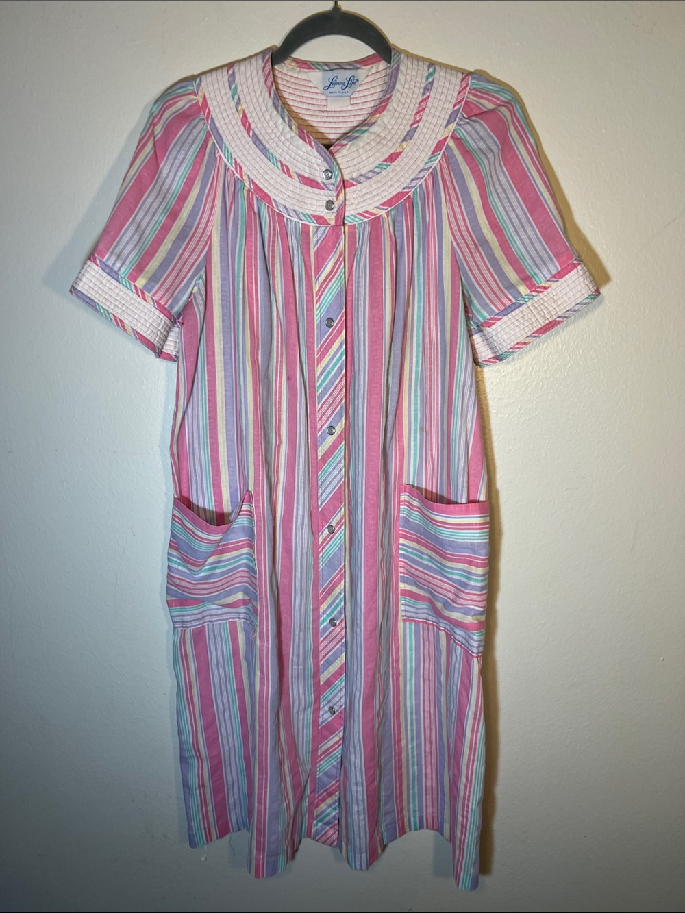 Vintage Leisure Life Cotton Pink Pastel Stripes Snap Front Midi House Dress S M